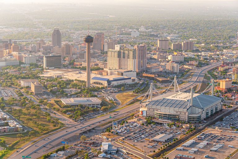 Aerial photograph of San Antonio skyline.